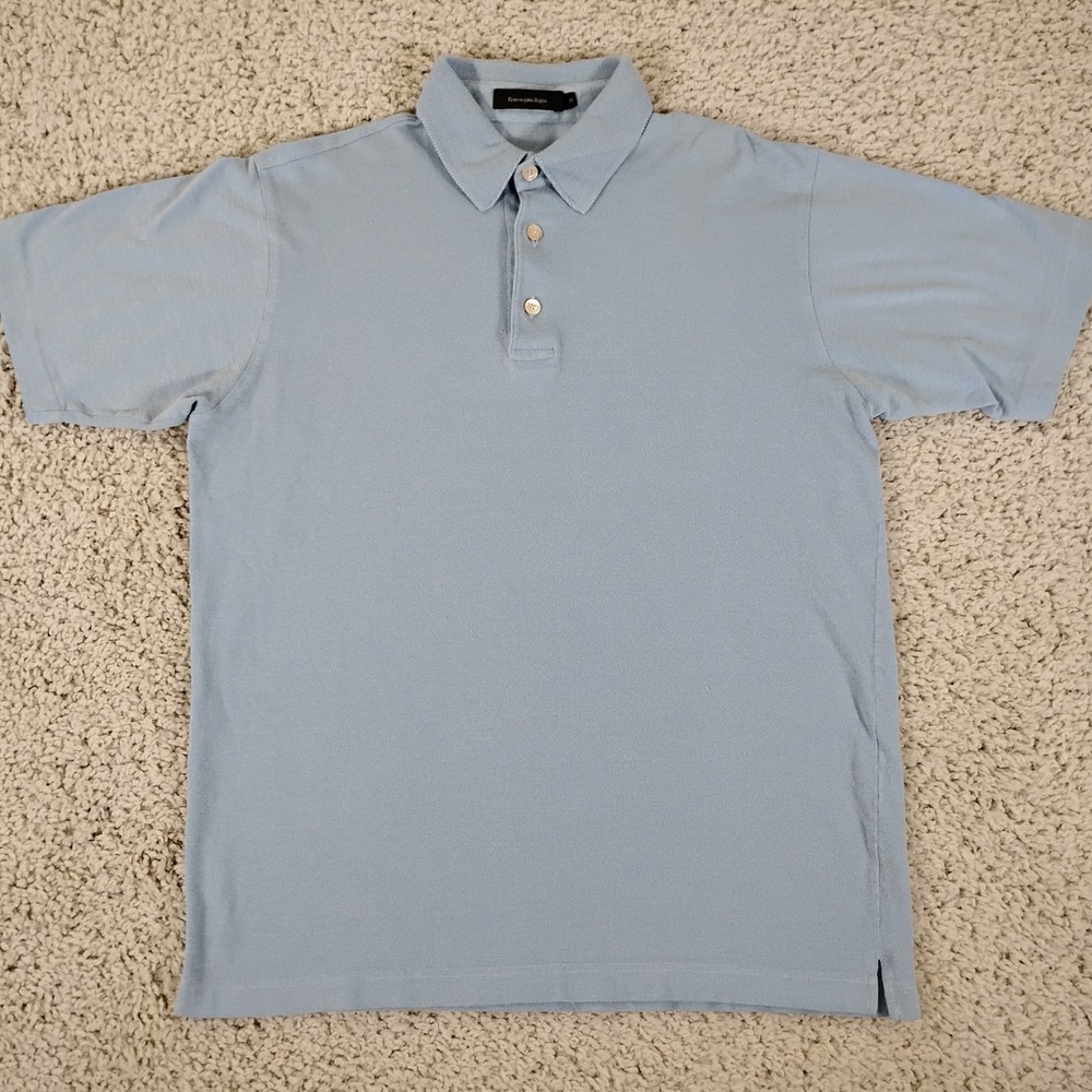 Ermenegildo Zegna Polo Shirt Mens Medium Blue Cotton Knit Short Sleeve Tri Blend
